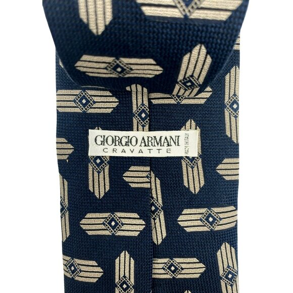Giorgio Armani Cravatte Men Silk Tie Geometric Pattern Navy Blue Tan Beige Italy - Picture 5 of 6
